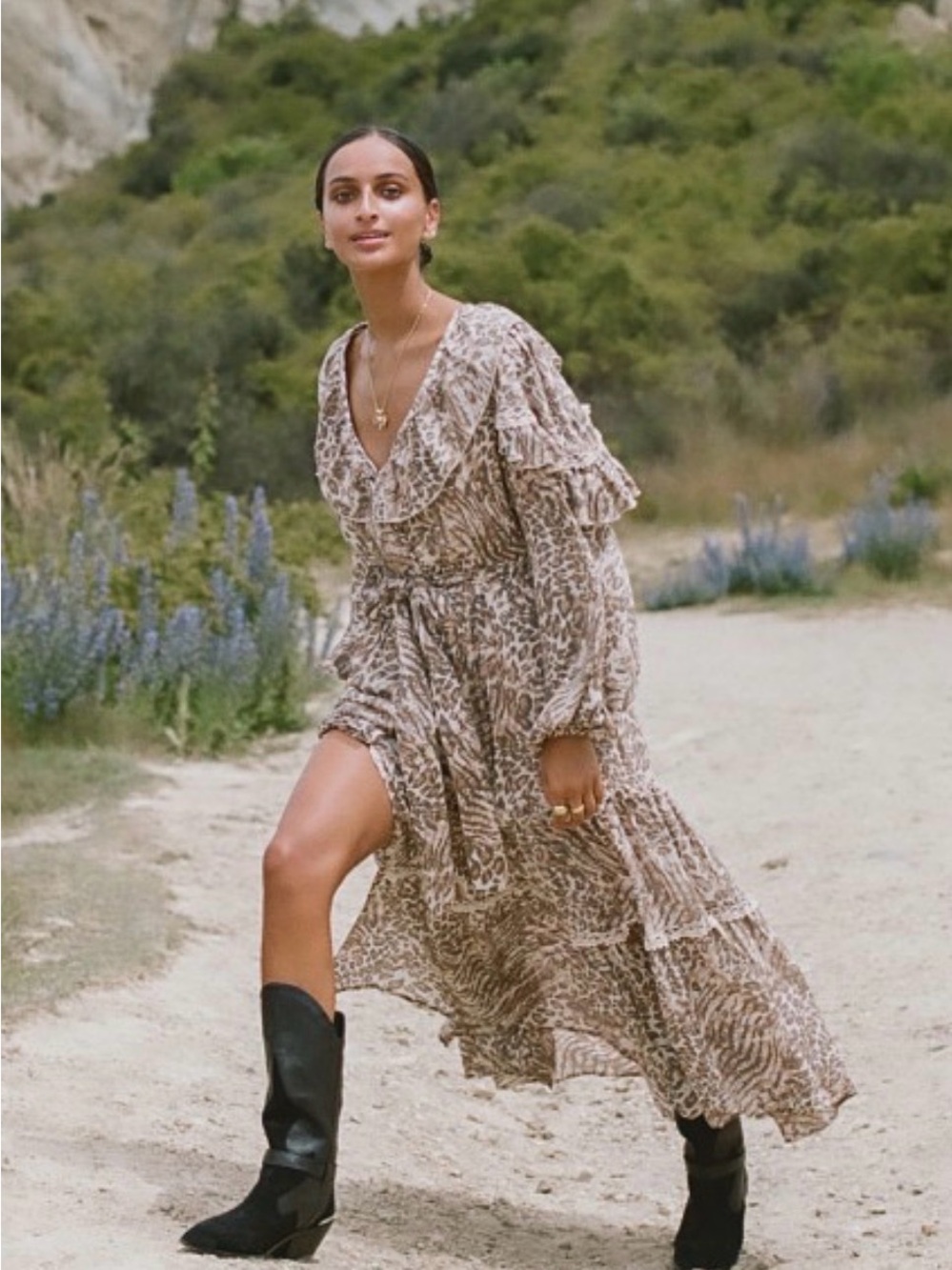🆕 Bnwt Spell Ada Gown Beige Animal-Print Ruffle Maxi Dress
